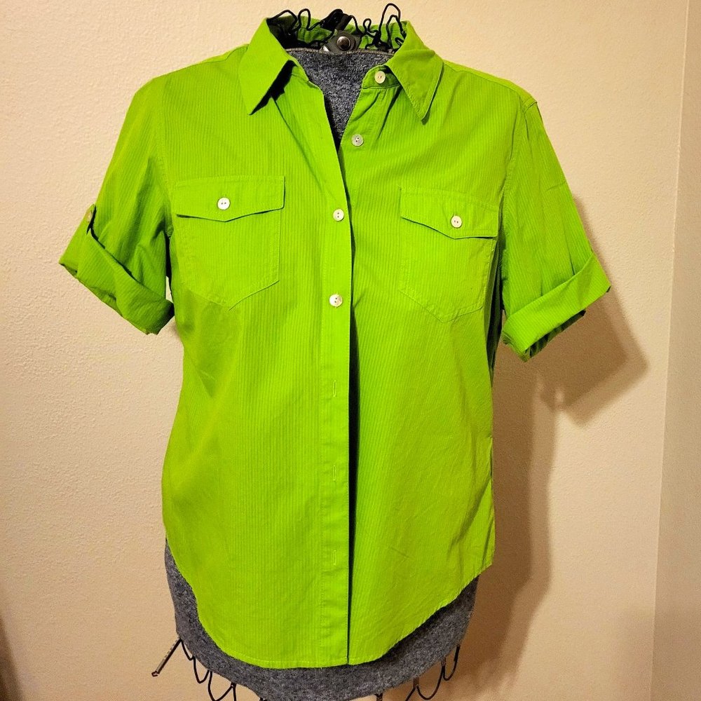 Ruby Rd. SS Button Down Green on Green Shirt. PL